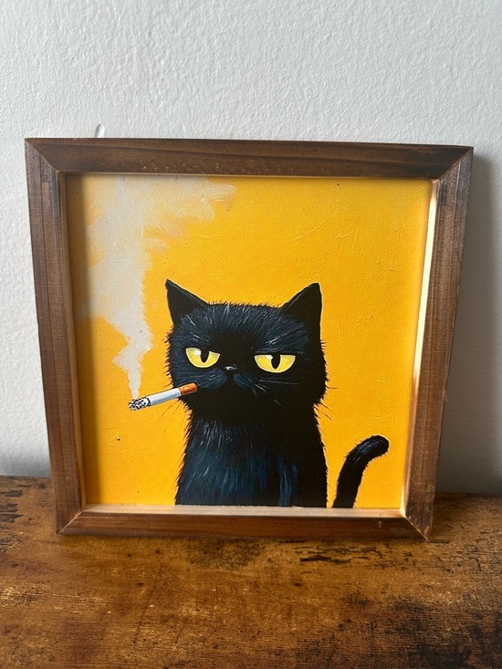 Other - Framed Black Cat Smoking Art Wooden Wall Decor on Yellow Back 8x8” NEW